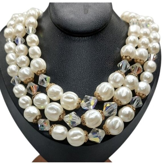 Faux Pearl Choker Multistrand Necklace Aurora Borealis Prism Spacers 16" Vintage - Picture 1 of 16